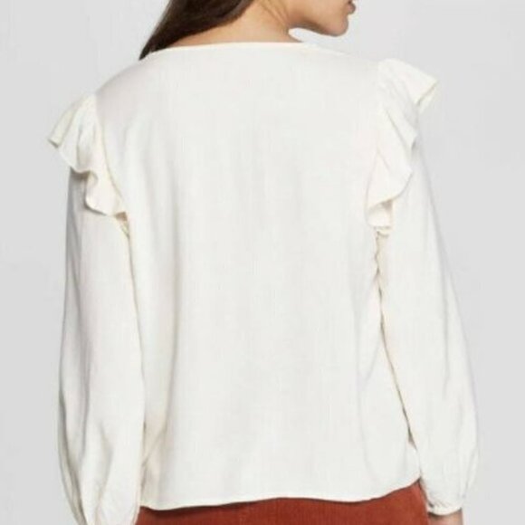Universal Thread Double Ruffle Long Sleeve Deep V-Neck Top Cream - Picture 3 of 12